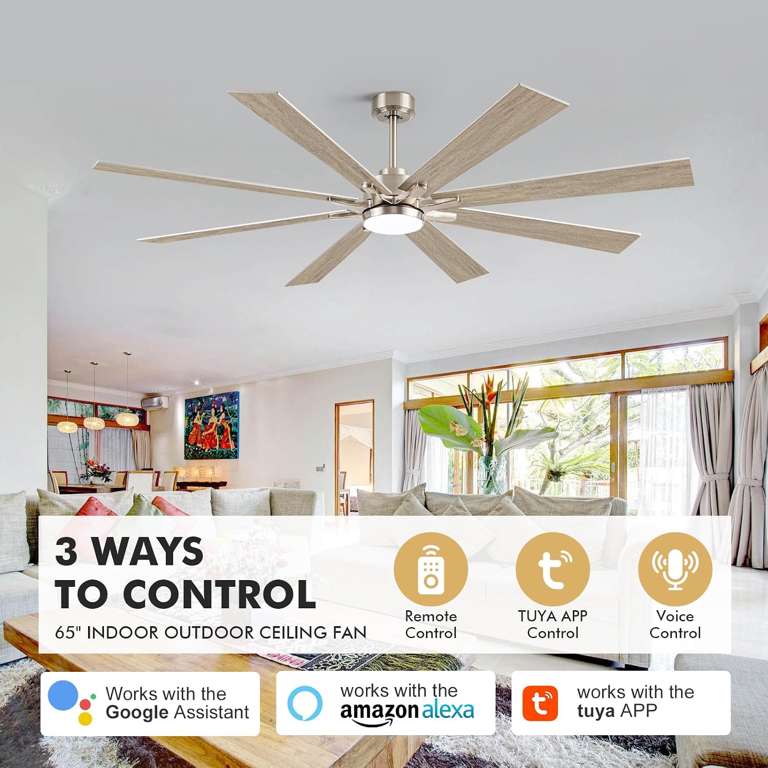 72Inch Indoor Outdoor Ceiling Fan with Light - Large Smart Ceiling Fan with Light Alexa Control, High CFM Modern Industrial Low Profile Ceiling Fans with Light for Patios Porch Bedroom Garage Gazebo