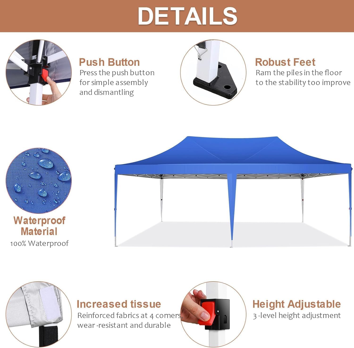 COBIZI 10x20 Pop Up Canopy with 6 Sidewalls,10x20 Canopy Tent Frame Upgraded with 3 Adjustable Heights,Waterproof UV50+ Outdoor Party Commercial Ez Up Gazebos with Carry Bag(10 x 20 ft Blue)