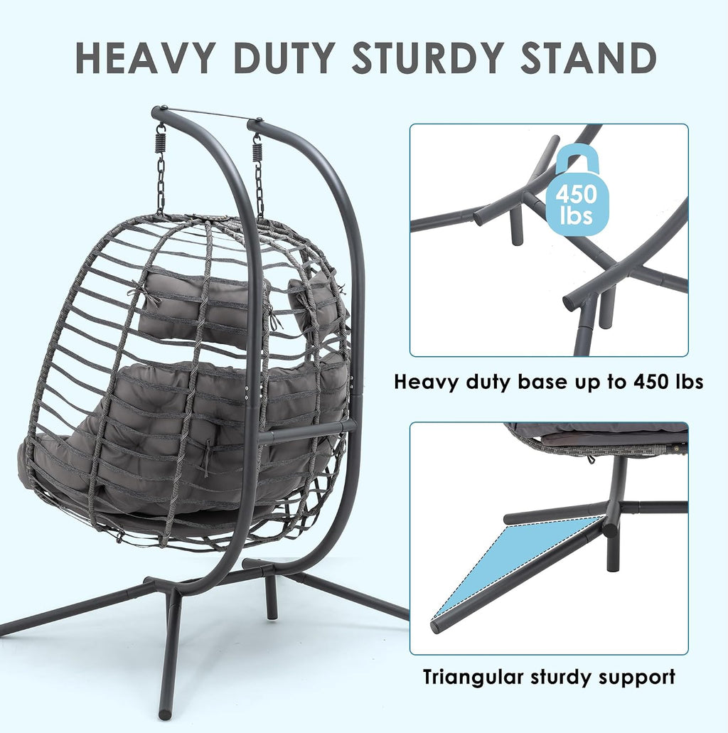Brafab Double Egg Chair Swing with Stand, Oversized Hand-Woven Wicker Rattan 2-Person Egg Chairs for Outdoor Indoor, Hanging Egg Chair with Thick Double Cushion and Sturdy Steel Stand, Charcoal