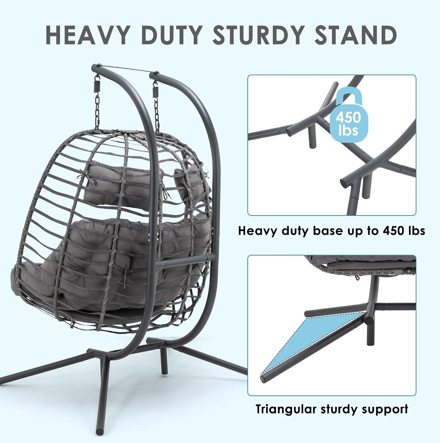 Brafab Double Egg Chair Swing with Stand, Oversized Hand-Woven Wicker Rattan 2-Person Egg Chairs for Outdoor Indoor, Hanging Egg Chair with Thick Double Cushion and Sturdy Steel Stand, Charcoal