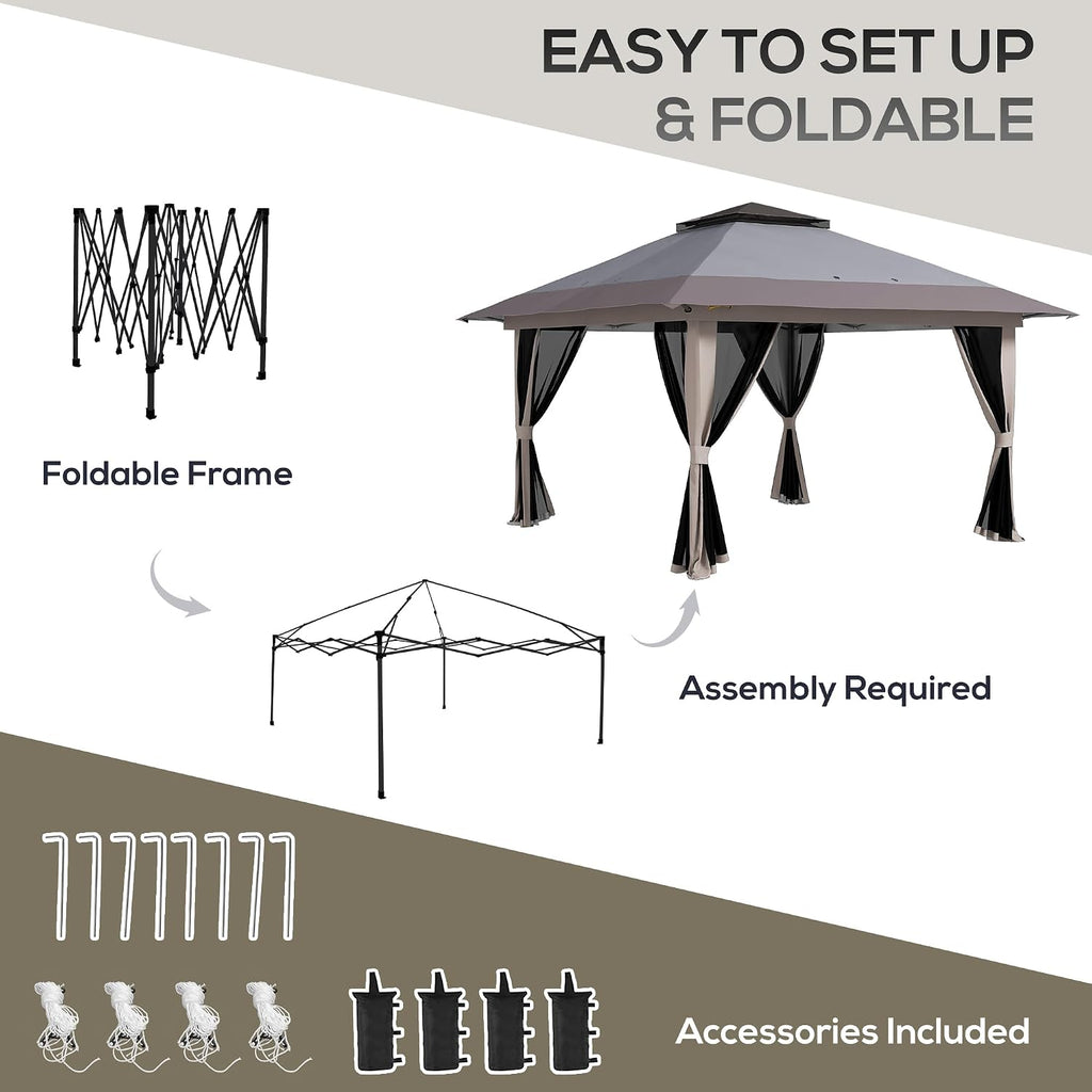 Outsunny 13' x 13' Pop Up Gazebo with Netting, UPF 50+ Instant Canopy Tent Shelter with Water/Sand Bags, Wheeled Carry Bag, for Outdoor, Garden, Parties, Light Gray
