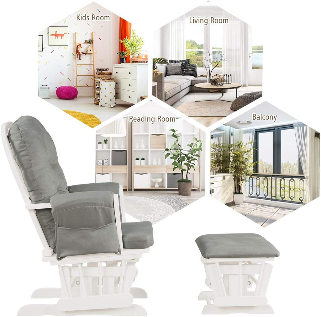 Costzon Nursery Glider with Ottoman, Upholstered Comfort Glider Rocker with Padded Cushion, Storage Pocket, Solid Wood Base, Rocking Chair Nursery for Breastfeeding, Napping (Light Gray)