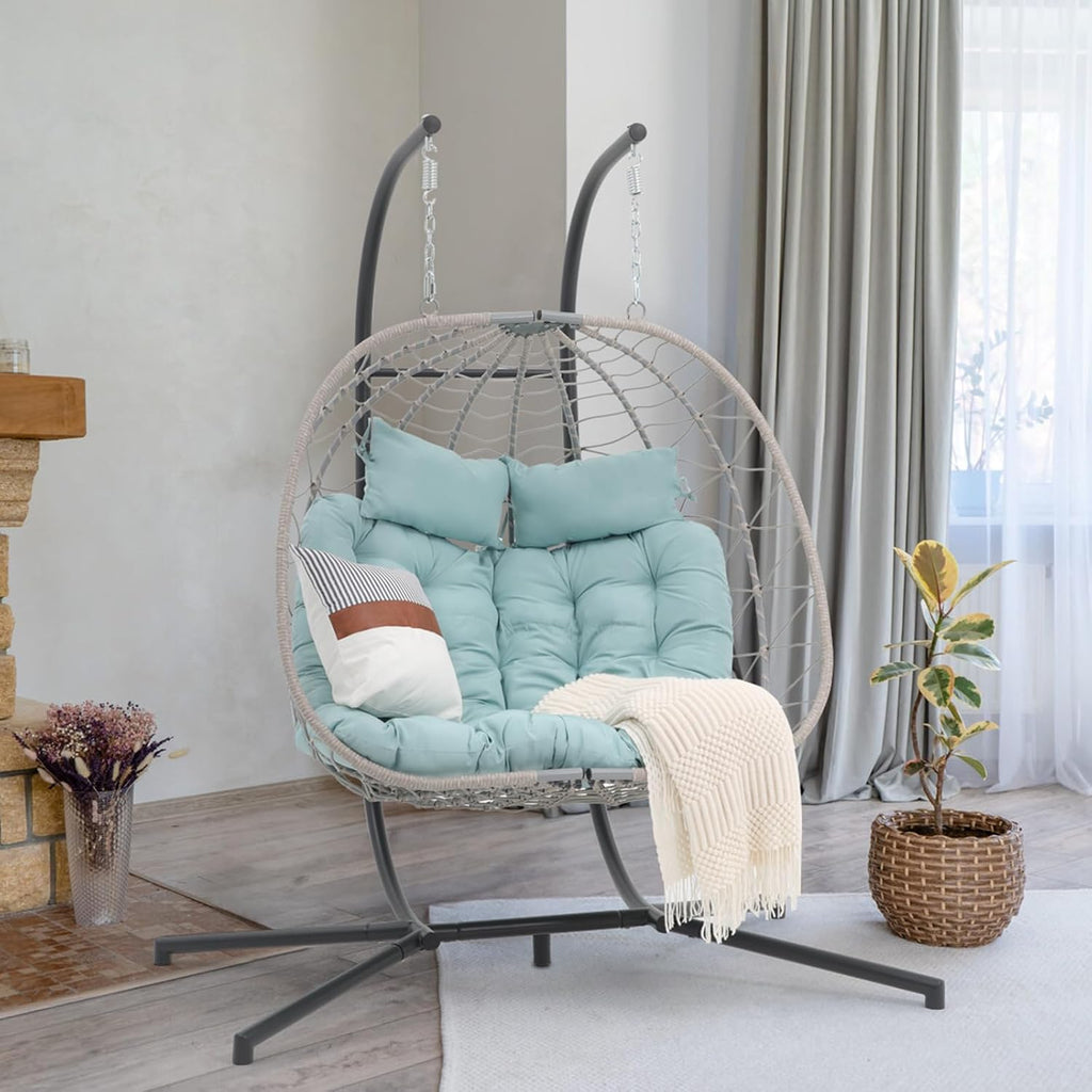 Patiorama 2 Person Double Egg Swing Chair with Stand Indoor Outdoor, Patio Wicker Rattan Hanging Egg Chair w/Cushion, Pillow, Foldable Hammock Chair 550lbs for Bedroom, Balcony, Garden (Light Blue)