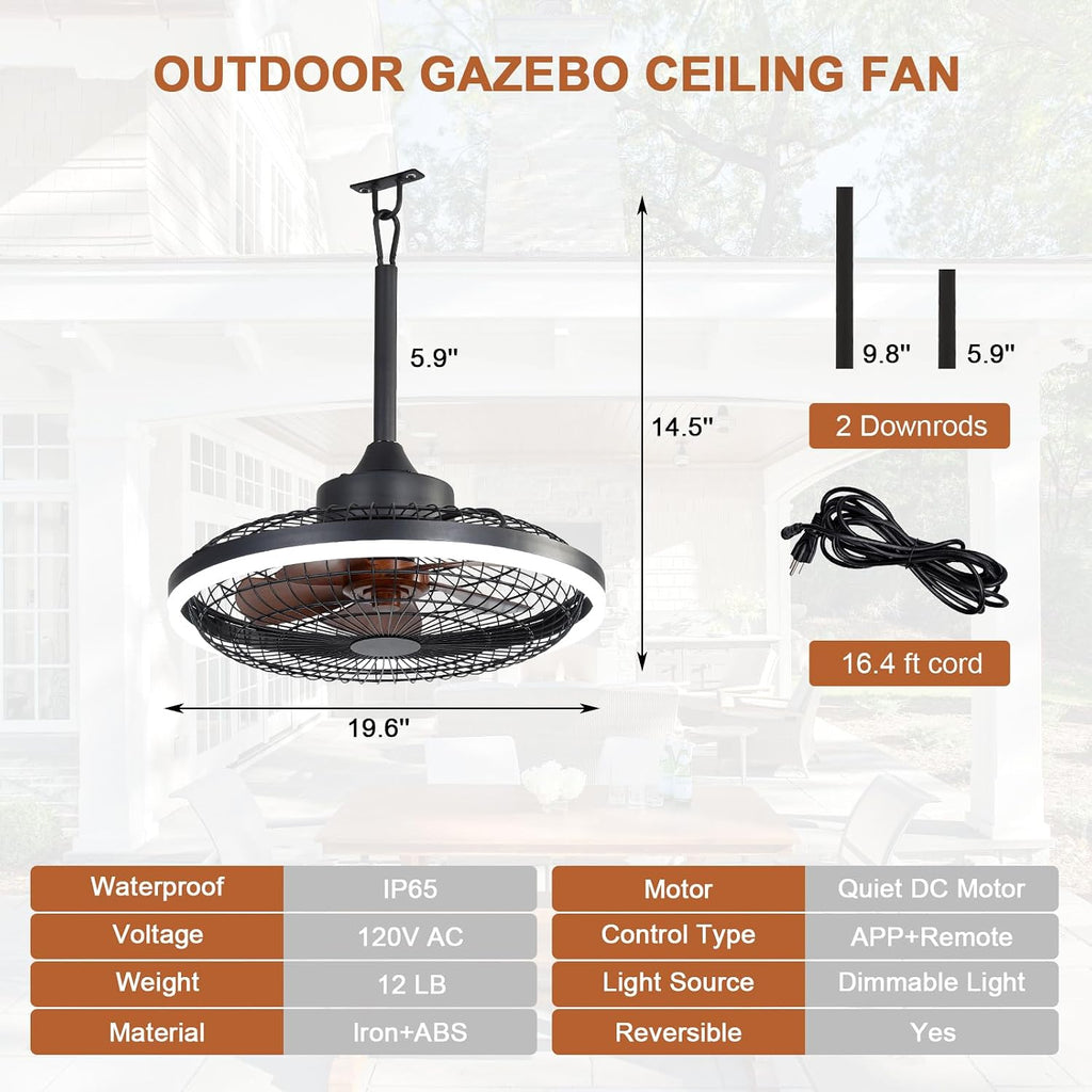 20' Waterproof Outdoor Ceiling Fan with Light Black Caged Gazebo Fans Outdoor Hanging for Patios Pergola Porch Gazebo, with Plug-in Cord, Dimmable LED Light, APP Remote Control, 6 Speeds