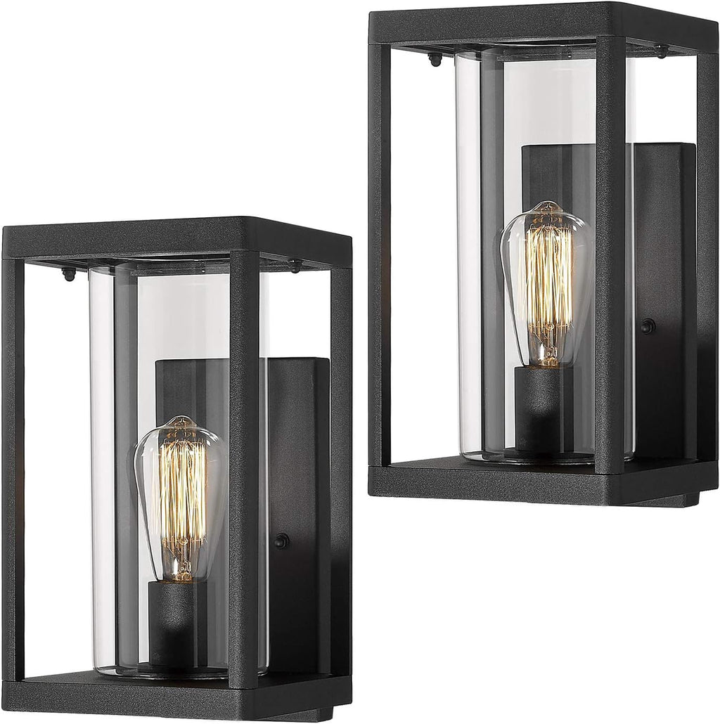 Beionxii Dusk to Dawn Outdoor Wall Lights, Modern Exterior Wall Sconces Porch Lantern, Black Cast Aluminum w/Clear Cylinder Glass - A291W-2PK