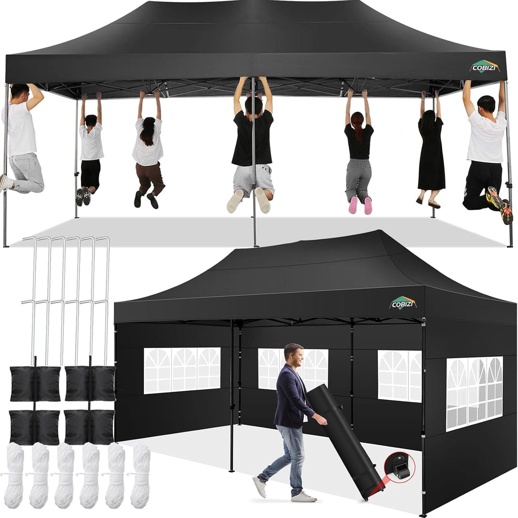 COBIZI 10x20 Pop up Canopy Tent 10x20 Canopy with 6 Sidewalls Waterproof Heavy Duty Commercial Canopy Tent for Parties Outdoor Garden Gazebo, Carry Bag with Wheel(10x20ft, Black)