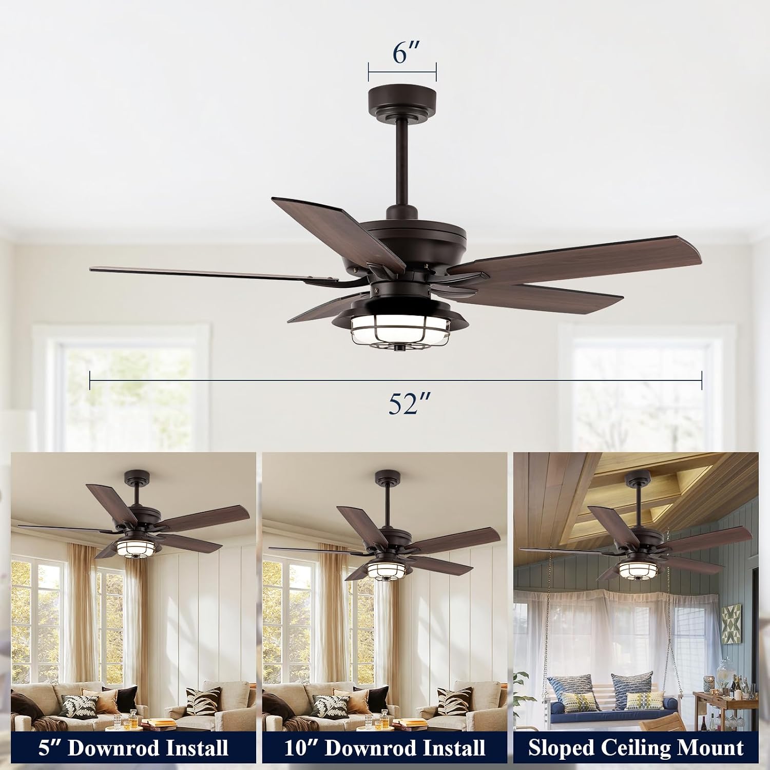 NORFOLK Outdoor Ceiling Fans with Lights and Remote, Waterproof 52 Inch Ceiling Fan with 3 Color LED Light for Patios, Gazebos, and Indoor, Wet Rated Farmhouse Modern Style