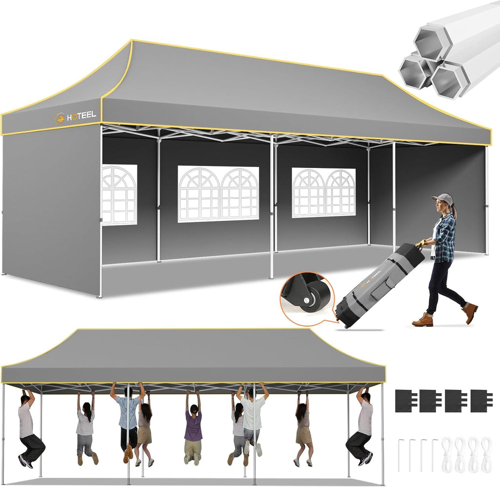 Hoteel 10x30 Pop Up Canopy Tent Heavy Duty with 5 Sidewalls, Waterproof Party Tent, Easy Set-up Commercial Instant Tents with Roller Bag & Sandbags, Hexagonal Leg (1-Year Warranty)