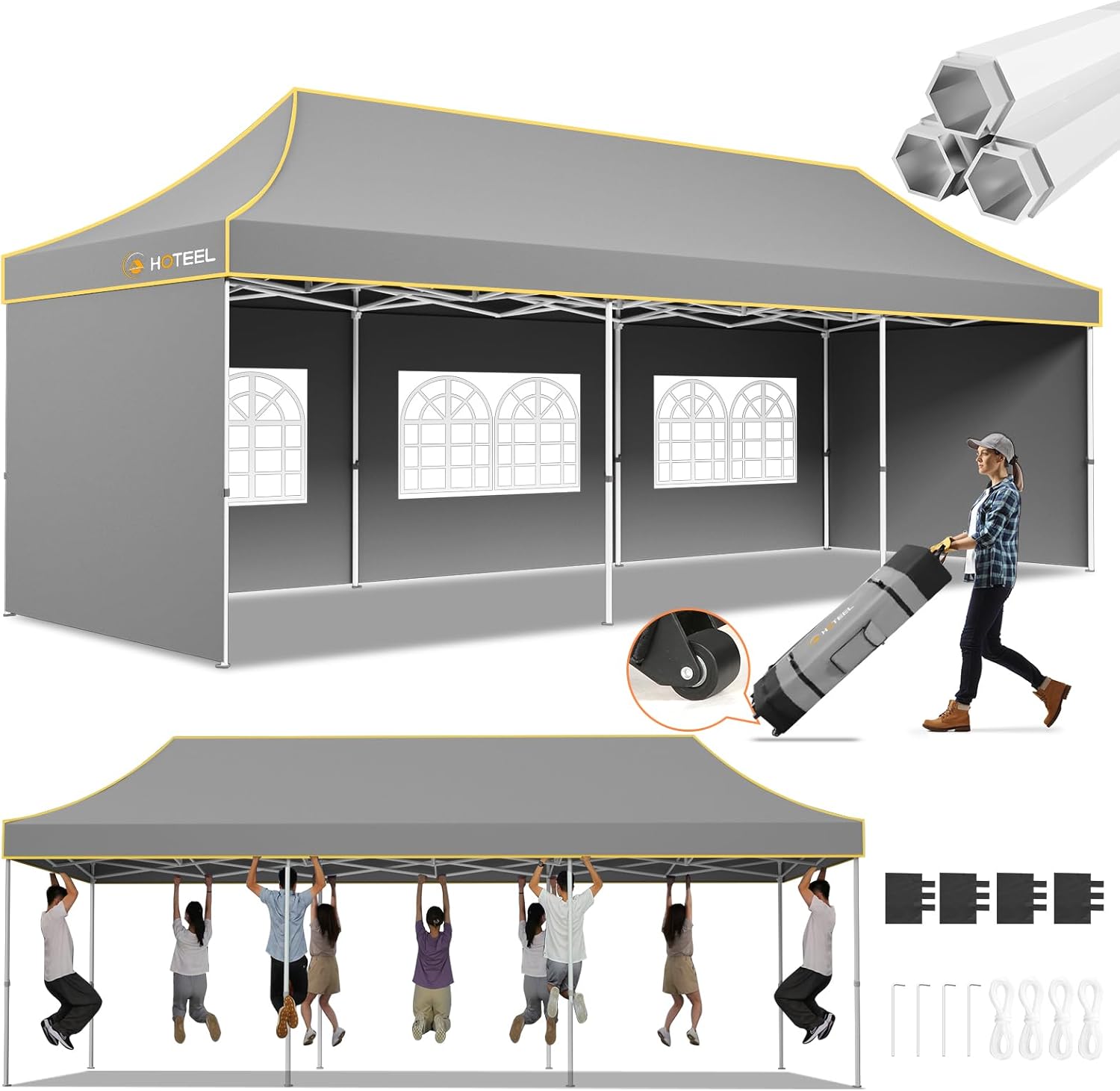 Hoteel 10x30 Pop Up Canopy Tent Heavy Duty with 5 Sidewalls, Waterproof Party Tent, Easy Set-up Commercial Instant Tents with Roller Bag & Sandbags, Hexagonal Leg (1-Year Warranty)