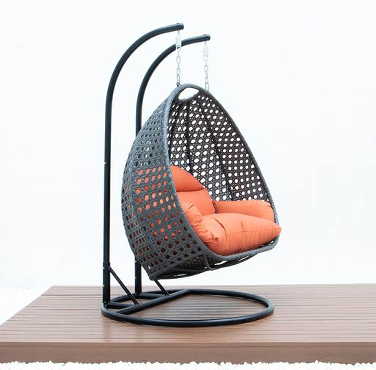 LeisureMod 2 Person Wicker Hanging Egg Chair, Indoor Outdoor Patio Swing with Black Stand & UV-Resistant Cushions, Lounge Chair for Bedroom & Garden, Orange