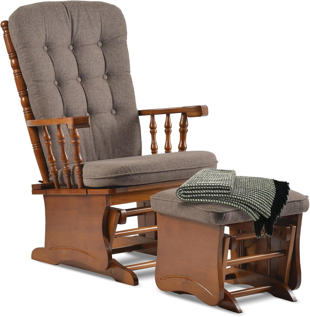 Anti-Pinch Solid Wood Hand Glider Rocking Chair Set with Ottoman, with Padded Cushion, Rustic Rubber Wood Nursery Glider for Nursing, Relaxing, Living Room, Bedroom, Oak Colored