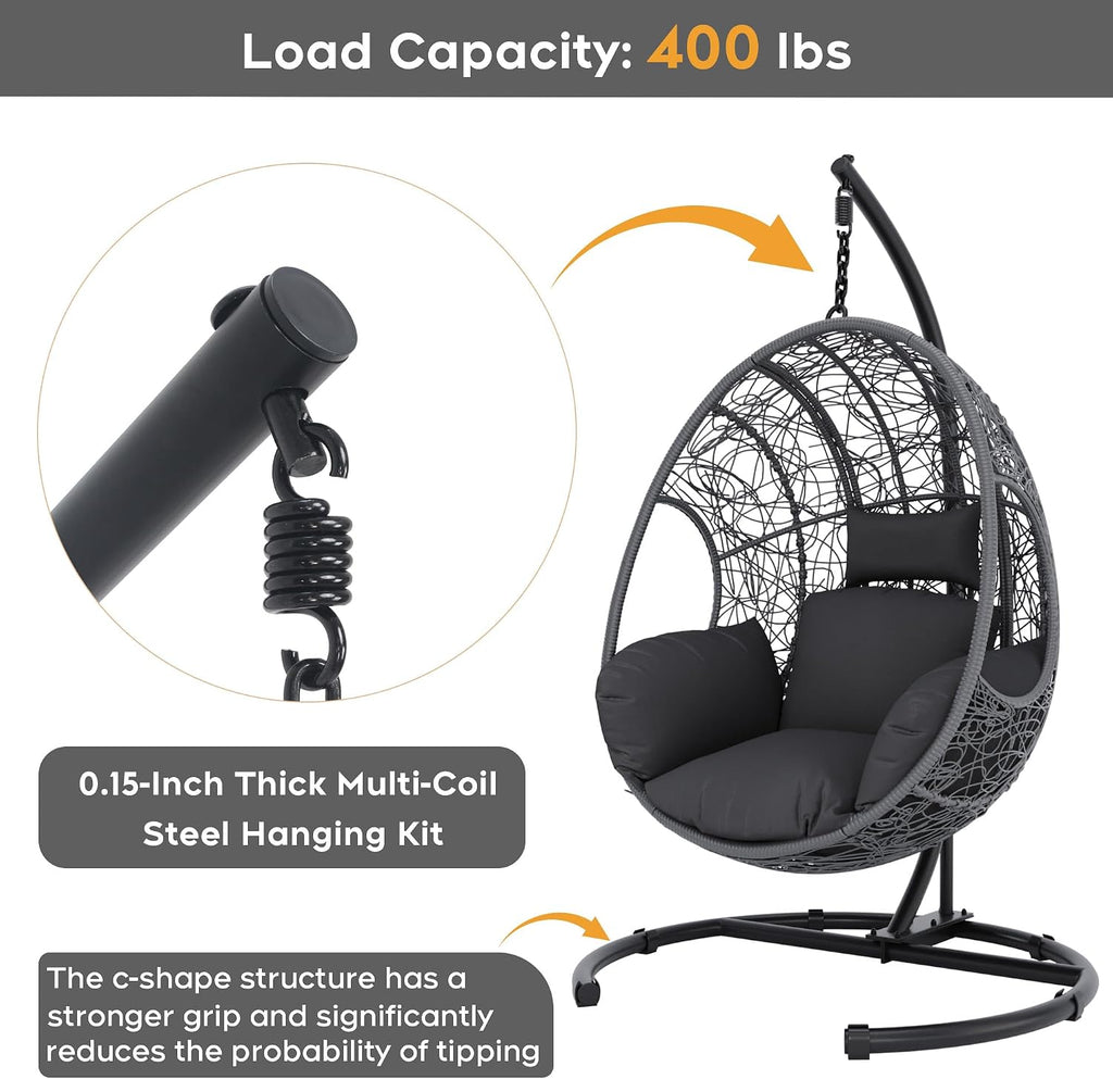 Hanging Egg Chair with Stand, Outdoor Swing Egg Chair with Rain Cover, 400 LBS Capacity All-Weather PE Wicker Swing Chair with Waterproof Cushions