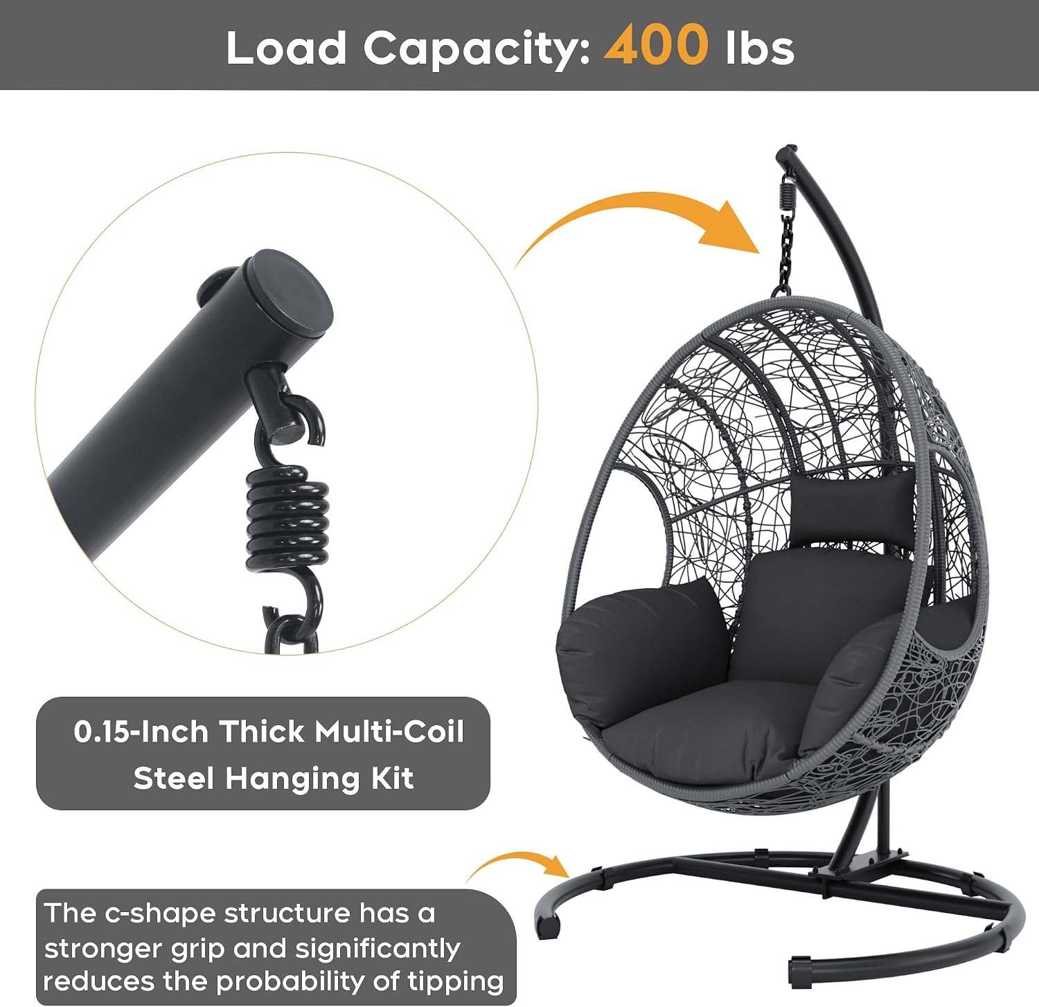 Hanging Egg Chair with Stand, Outdoor Swing Egg Chair with Rain Cover, 400 LBS Capacity All-Weather PE Wicker Swing Chair with Waterproof Cushions