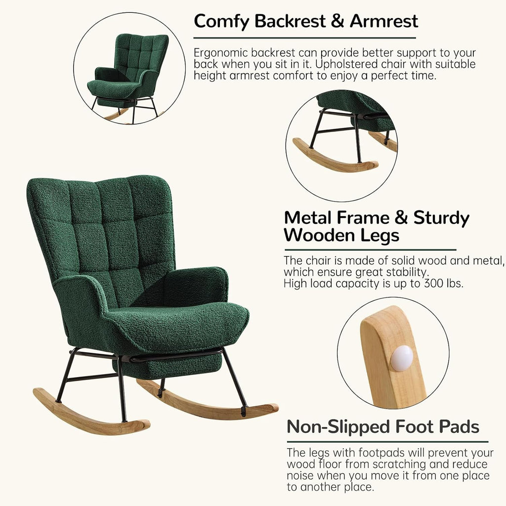 Furniliving Nursery Rocking Chair Upholstered Glider Rocking Chair Modern Accent Chair with Retractable Footrest Reading Chair with High Backrest Comfy Chair for Living Room, Green, Teddy