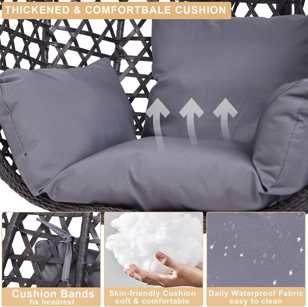 Indoor Hanging Chair with Stand for Bedroom, Hexagon Rattan Wicker Swing Egg Chair for Bedroom Porch Garden Patio Outdoor, Hammock Egg Swing Chair with Cushion,350LBS Capacity(Dark Grey)