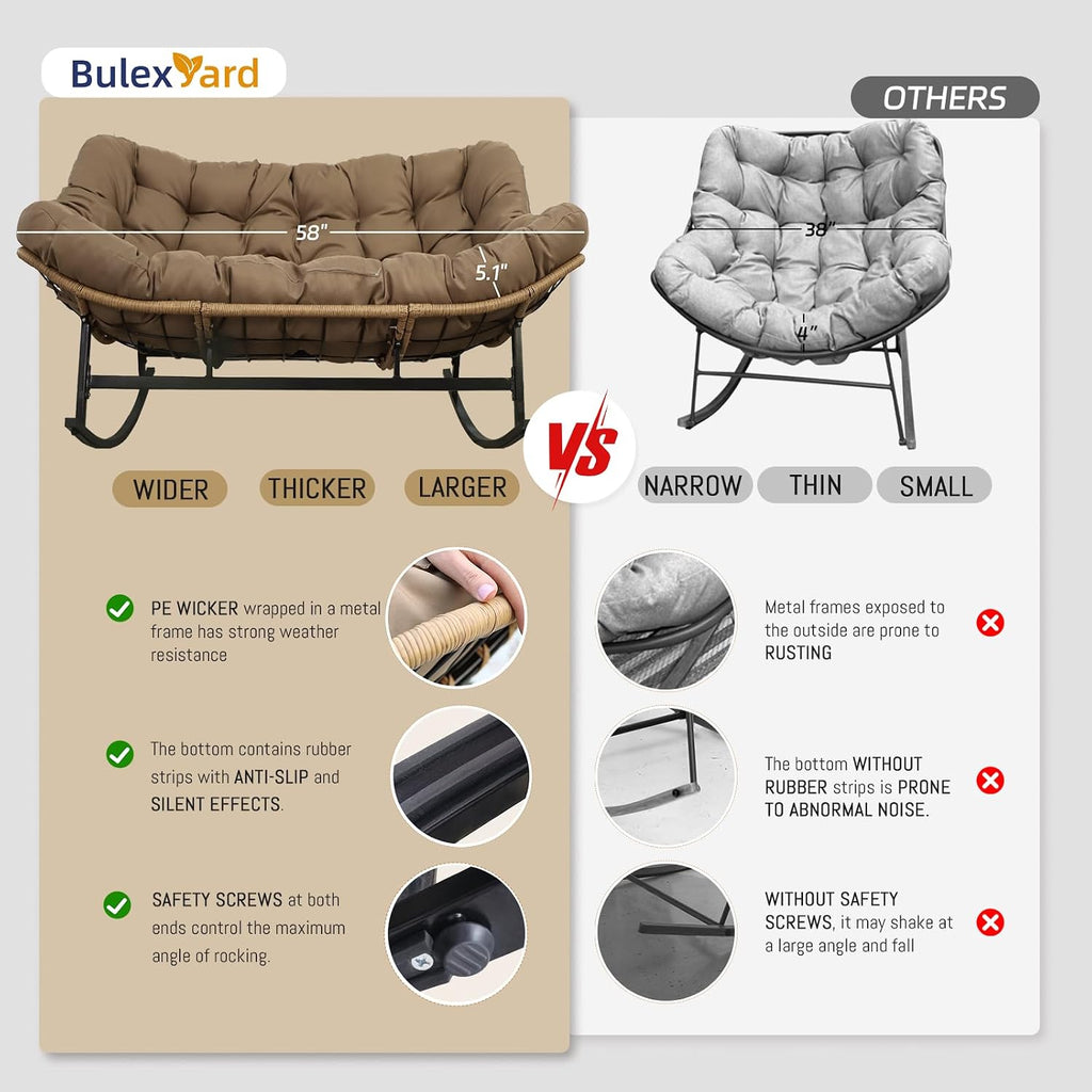 BULEXYARD Double Papasan Rocking Chair Indoor Outdoor, 2 Person Wicker Rocking Egg Chair with Cushions for Relaxing/Napping, Heavy Duty Cozy Patio Lounge Loveseat for Balcony, Porch, Brown