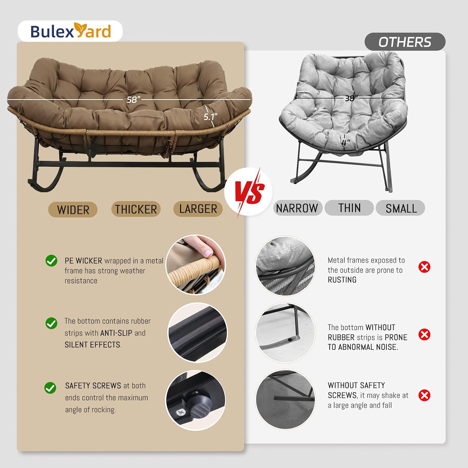 BULEXYARD Double Papasan Rocking Chair Indoor Outdoor, 2 Person Wicker Rocking Egg Chair with Cushions for Relaxing/Napping, Heavy Duty Cozy Patio Lounge Loveseat for Balcony, Porch, Brown