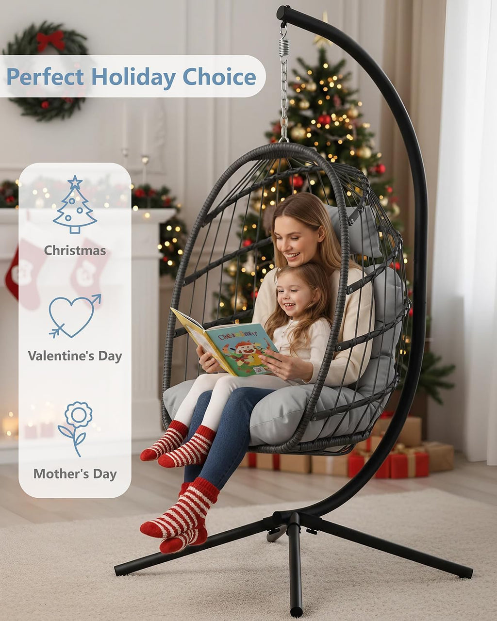 SWITTE Egg Chair Outdoor with Stand, Indoor Wicker Hanging Egg Swing Chair with Cushion, 350lbs Capacity for Patio, Bedroom, Garden - Light Grey