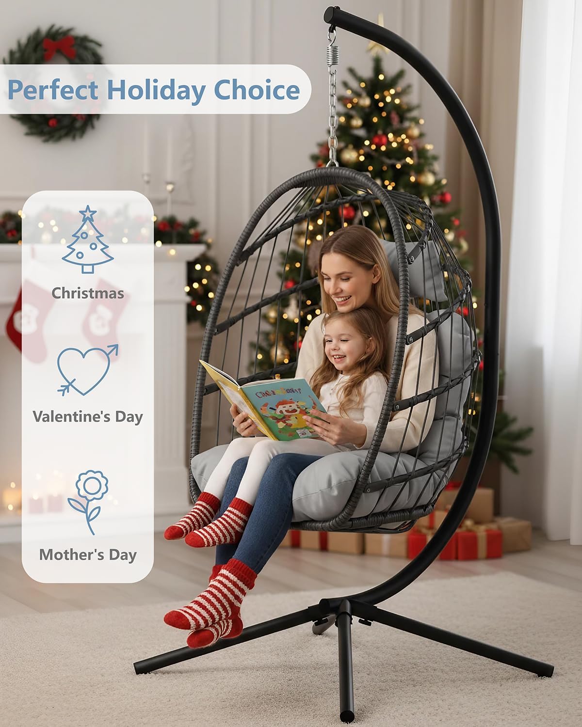SWITTE Egg Chair Outdoor with Stand, Indoor Wicker Hanging Egg Swing Chair with Cushion, 350lbs Capacity for Patio, Bedroom, Garden - Light Grey