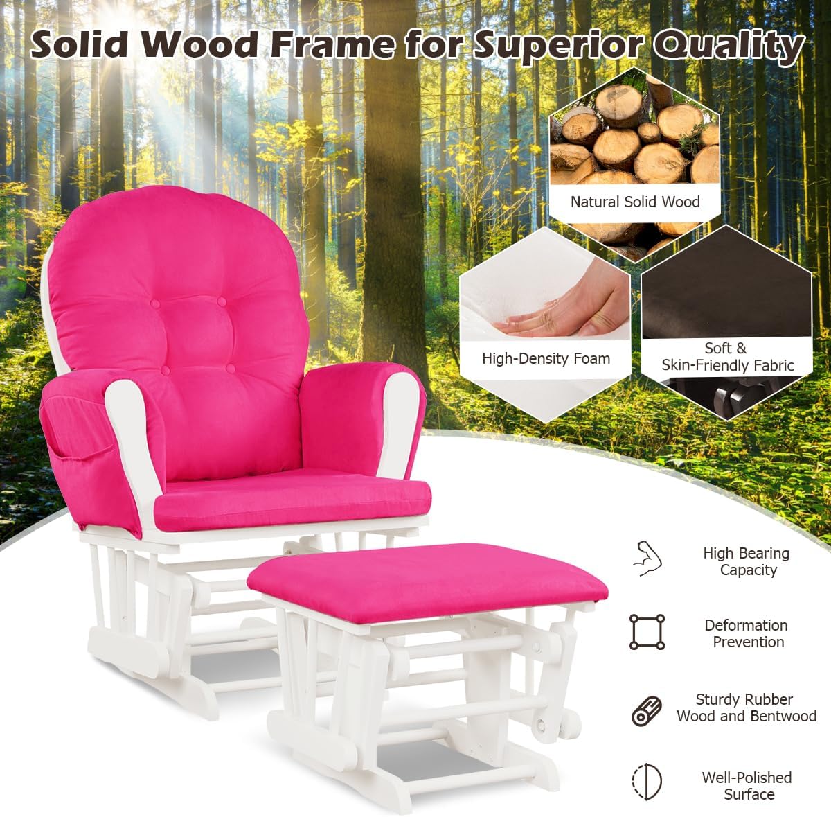 Costzon Nursery Glider with Ottoman, Upholstered Comfort Glider Rocker with Padded Cushion, Storage Pocket, Solid Wood Base, Rocking Chair Nursery for Breastfeeding, Napping (Deep Pink)