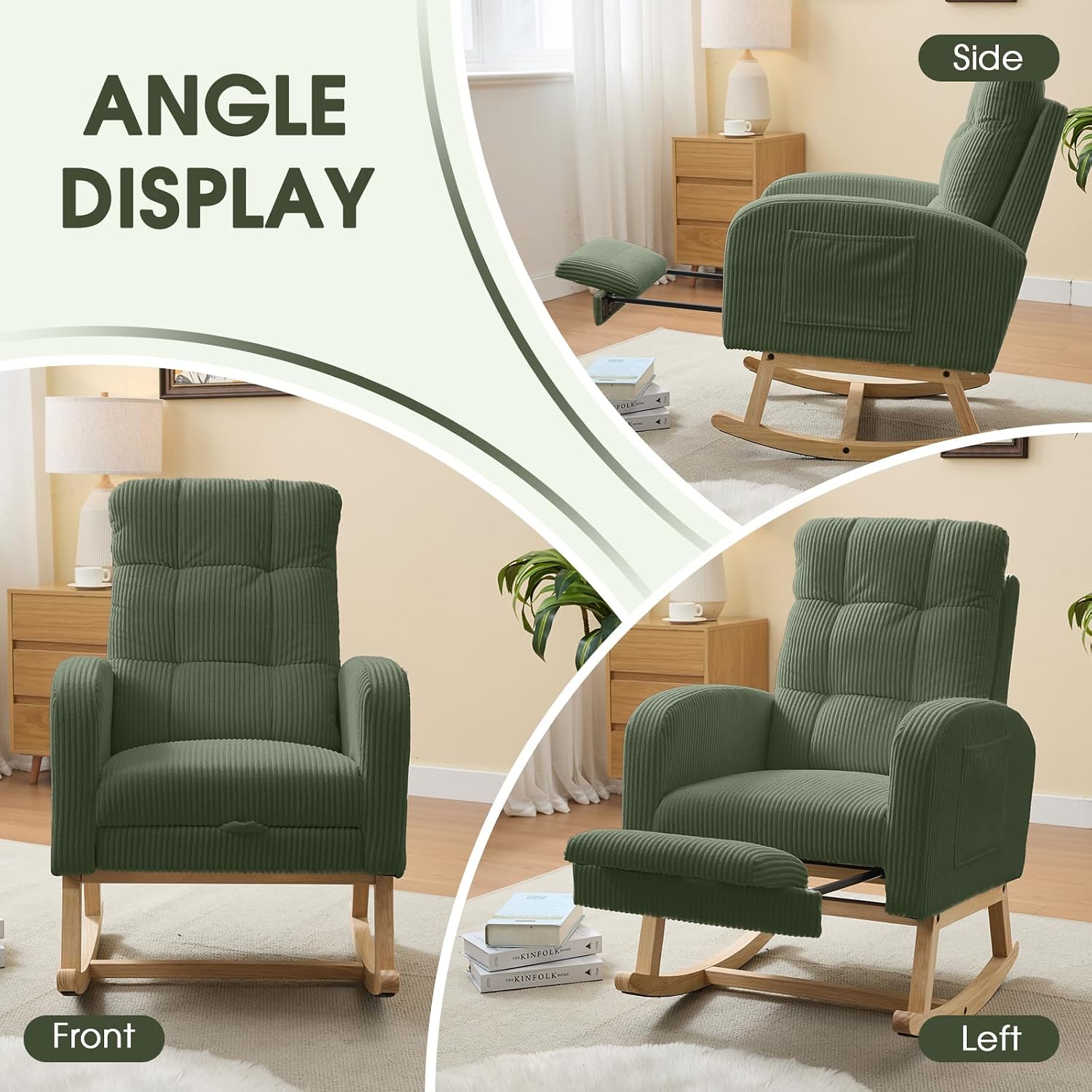 NIOIIKIT Nursery Rocking Chair, Corduroy Upholstered Rocking Chair with Adjustable Footrest, Tufted Rocker Chair with Side Pocket, Glider Rocker for Living Room, Bedroom (Green Retro)