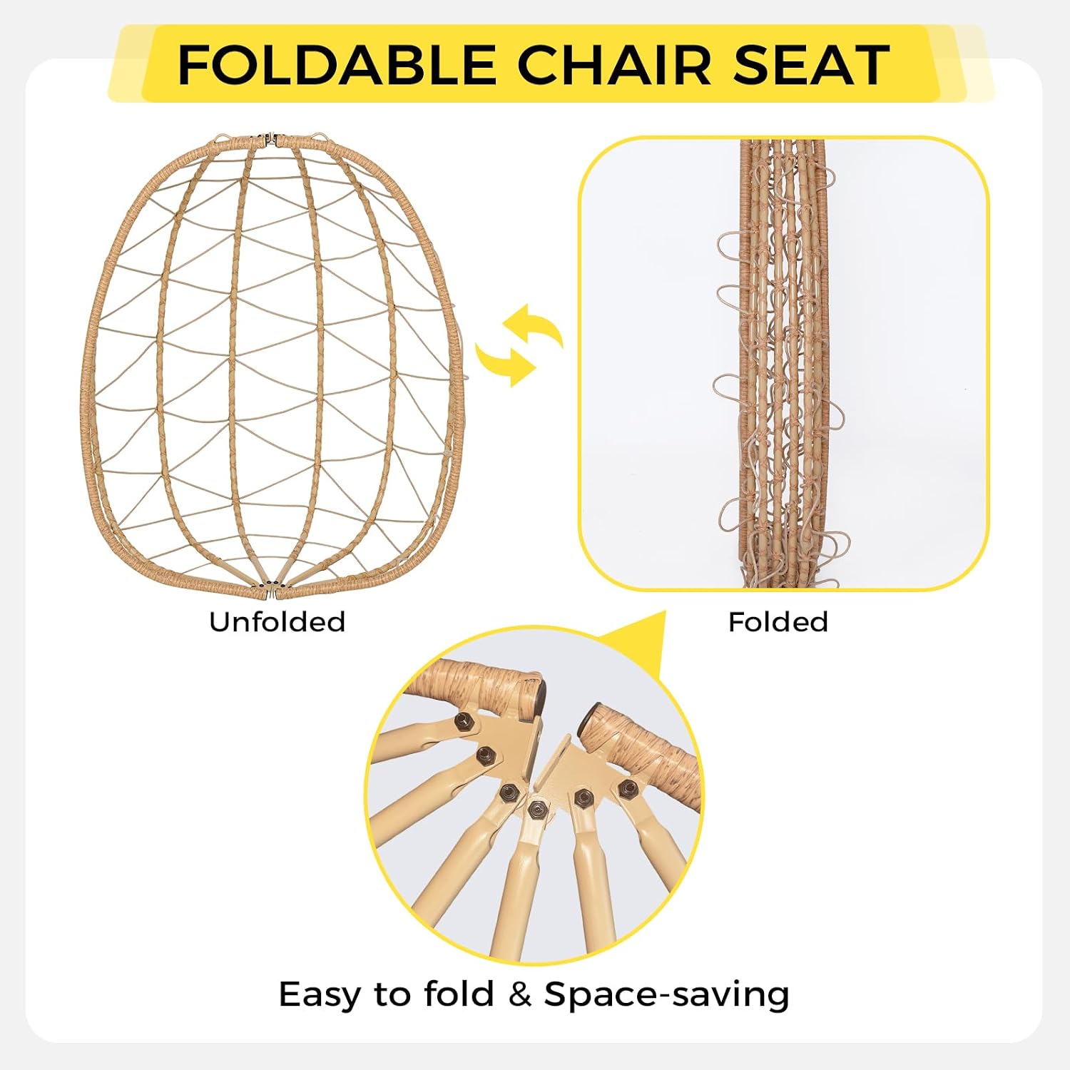 Egg Chair with Stand, Wicker Hanging Chair for Outdoor Patio, Cushioned Hammock Swing for Bedroom Garden Indoor/Outdoor, Double-Zipper Structure Hanging Egg Chair (Yellow and Beige)
