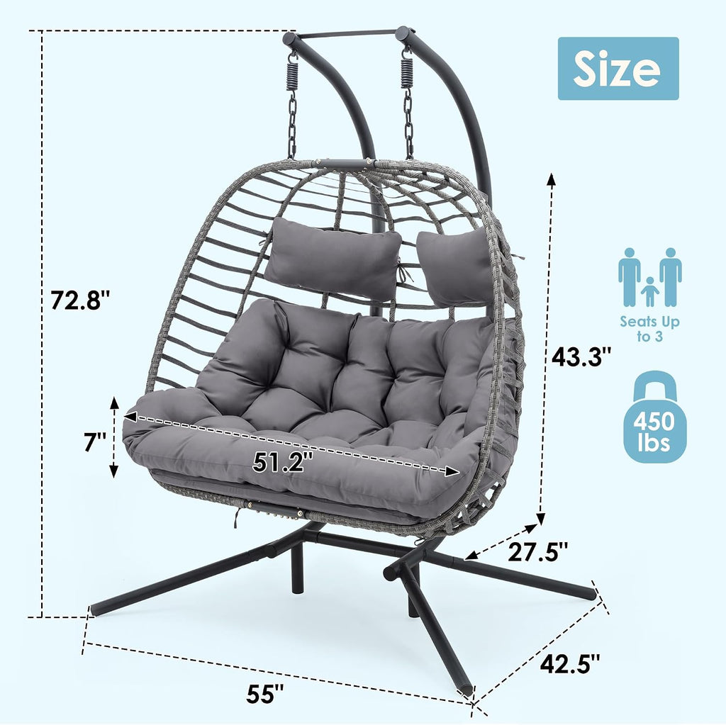 Brafab Double Egg Chair Swing with Stand, Oversized Hand-Woven Wicker Rattan 2-Person Egg Chairs for Outdoor Indoor, Hanging Egg Chair with Thick Double Cushion and Sturdy Steel Stand, Charcoal