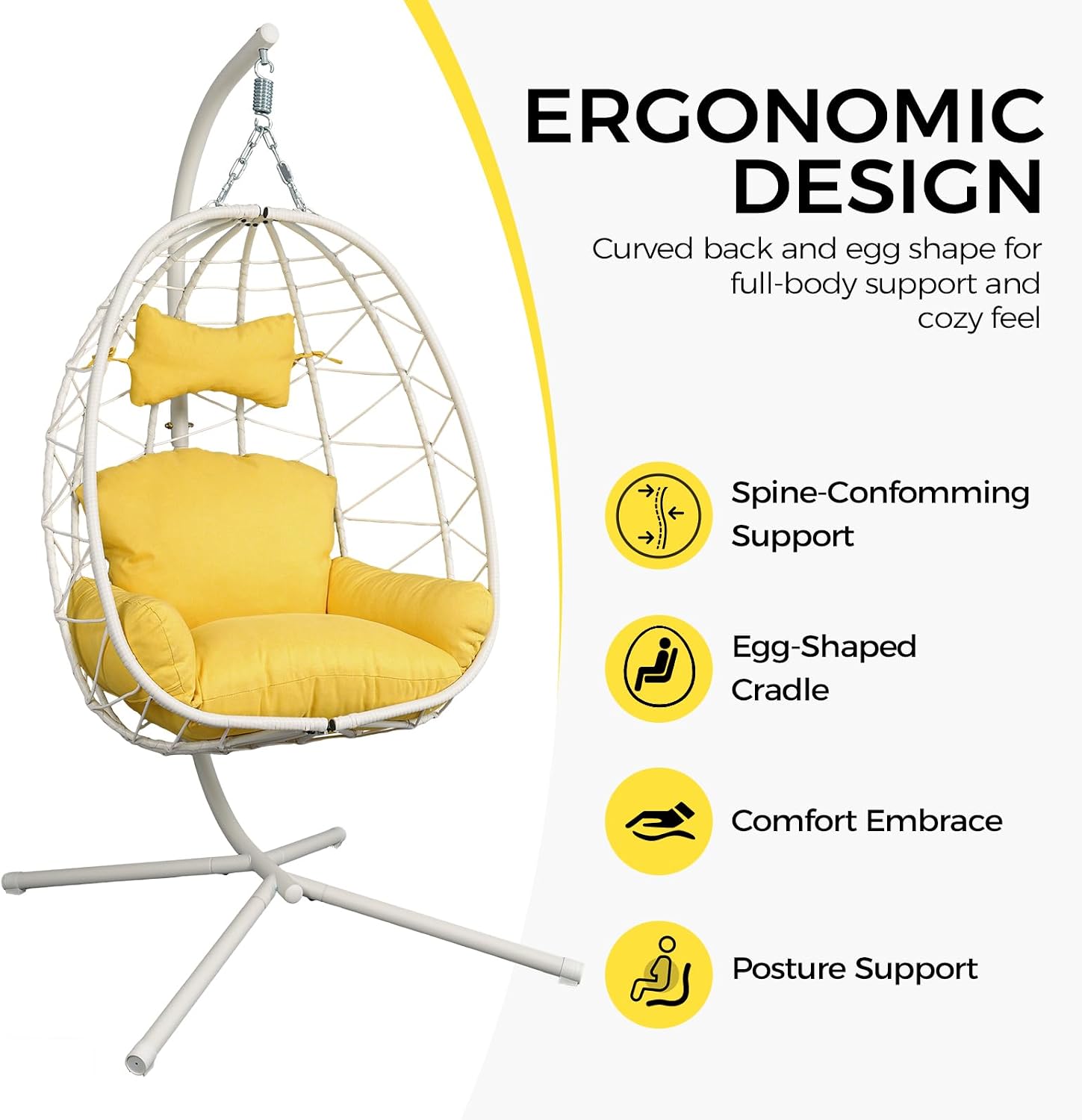 Egg Chair with Stand, Wicker Hanging Chair for Outdoor Patio, Cushioned Hammock Swing for Bedroom Garden Indoor/Outdoor, Double-Zipper Structure Hanging Egg Chair (White and Yellow)