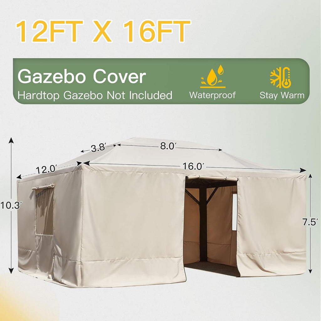 YOLENY Winter Gazebo Cover for 12×16 Hardtop Gazebo, Gazebo Accessories for All Seasons, Transform Your Gazebo for Winter, with Mesh Screens and Doors and Windows (Hardtop Gazebo Not Included), Beige