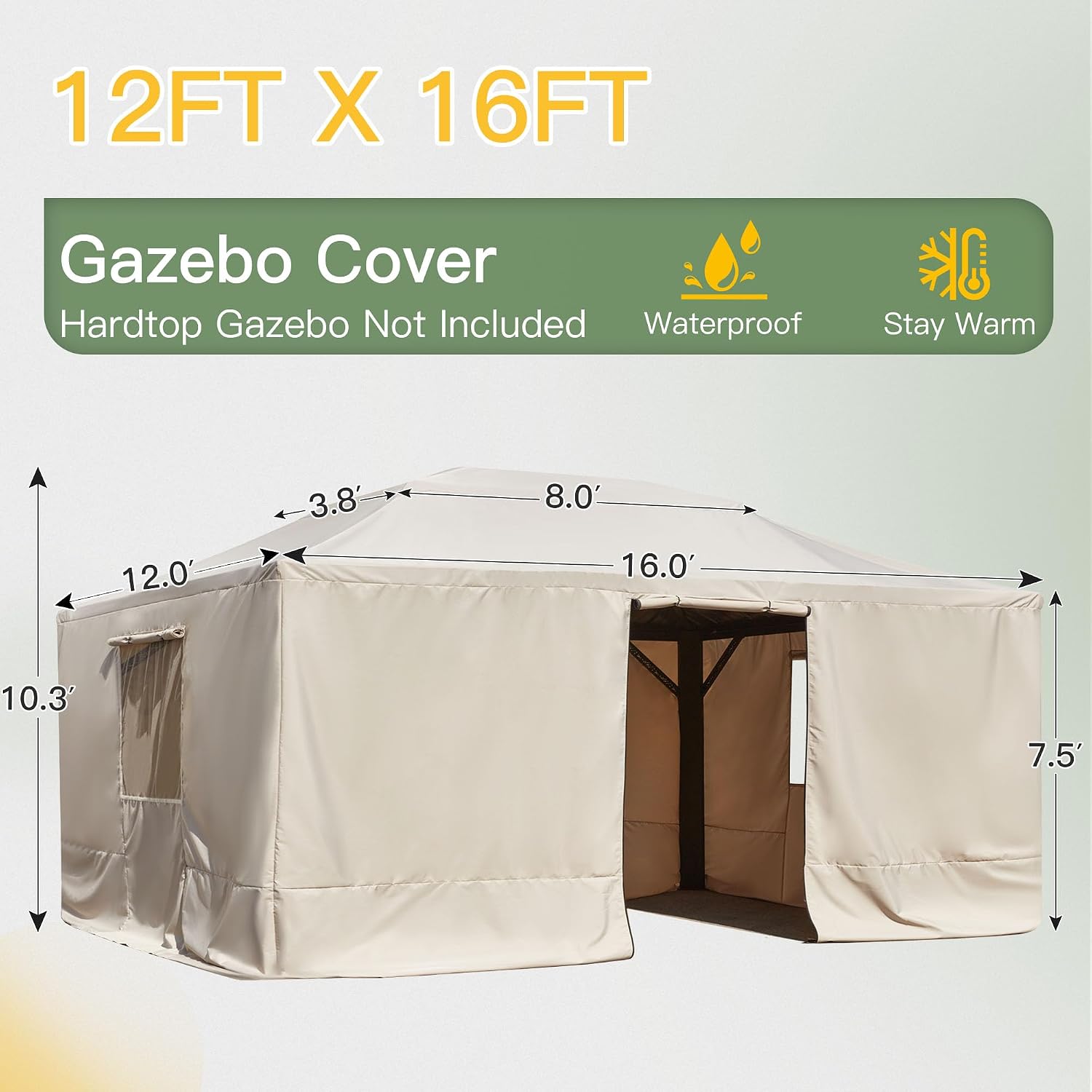 YOLENY Winter Gazebo Cover for 12×16 Hardtop Gazebo, Gazebo Accessories for All Seasons, Transform Your Gazebo for Winter, with Mesh Screens and Doors and Windows (Hardtop Gazebo Not Included), Beige