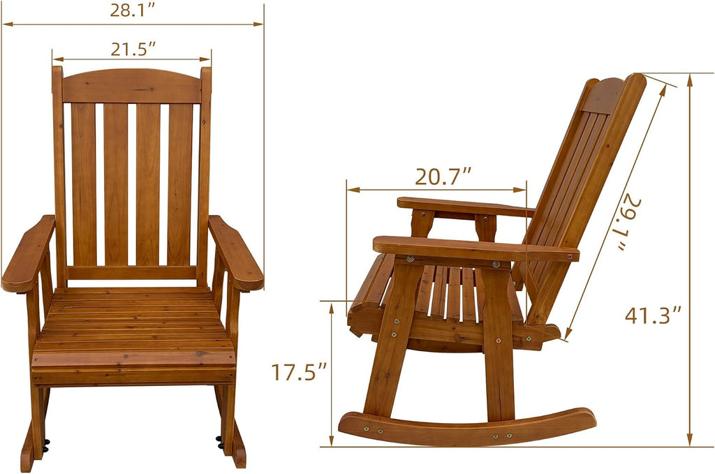 Wooden Patio Rocking Chair with Comfortable Backrest Inclination, High Backrest and Deep Contoured Seat, Solid Fir Wood, Heavy Duty 600 LBS, for Both Outdoor and Indoor (Natural)