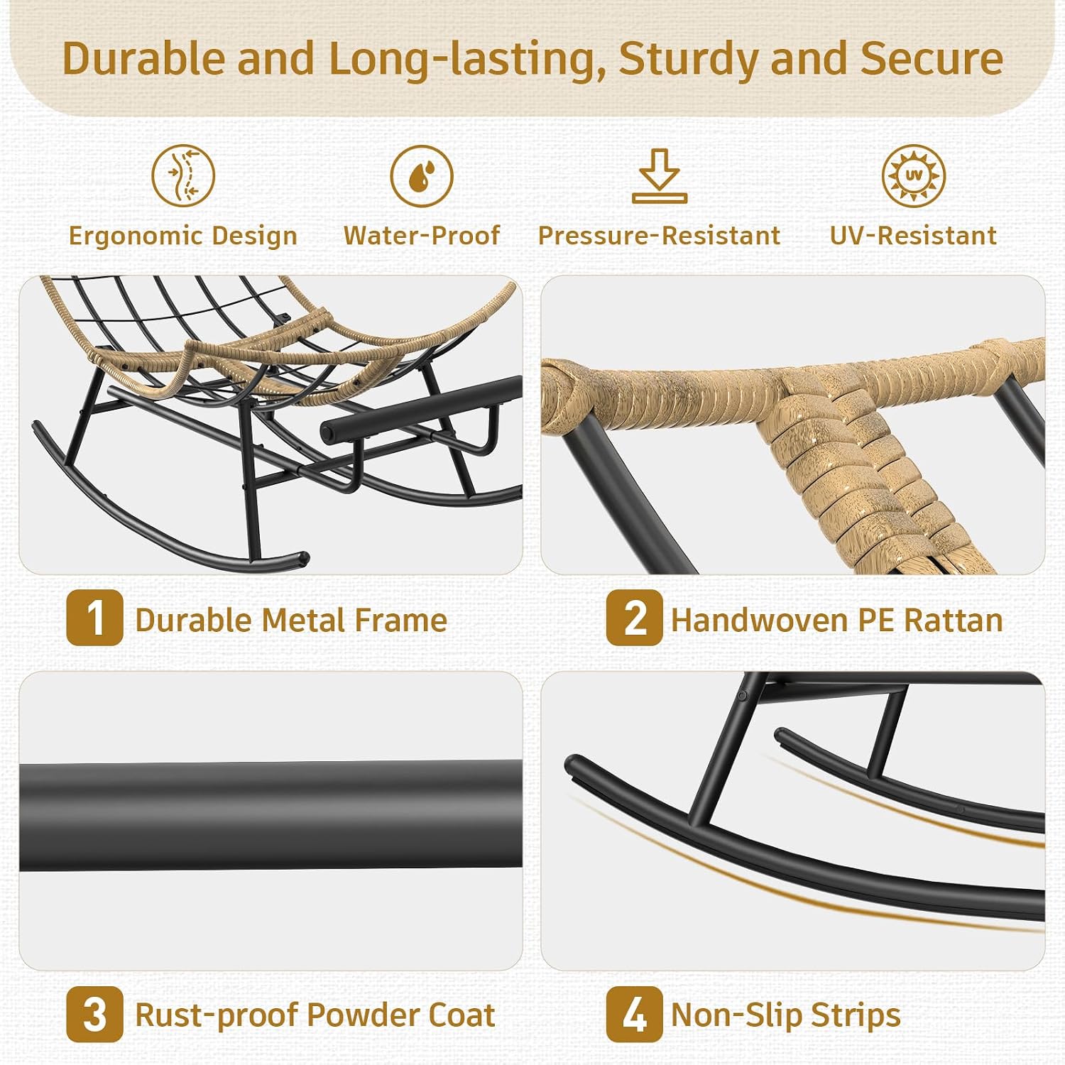 ZENPETIO Outdoor Rocking Chair - Oversized Metal Frame Papasan Rocking Chair with All Weather PE Wicker Rattan Rocker and Footrest for Patio, Balcony, Porch, Lawn and Living Room - Grey