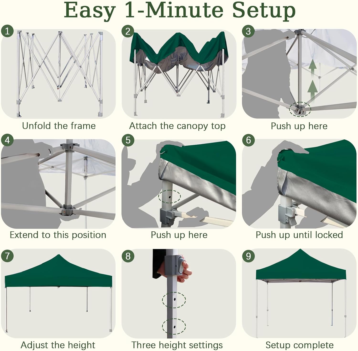 Easy 10x10 Pop Up Canopy Tent with Peak Tensioner, Heavy Duty for Commercial Use, Industry-Leading 3000mm Waterproof, 500D Silver Coated Top, Wheeled Bag, 4 Sandbags, Stakes & Ropes, Forest Green