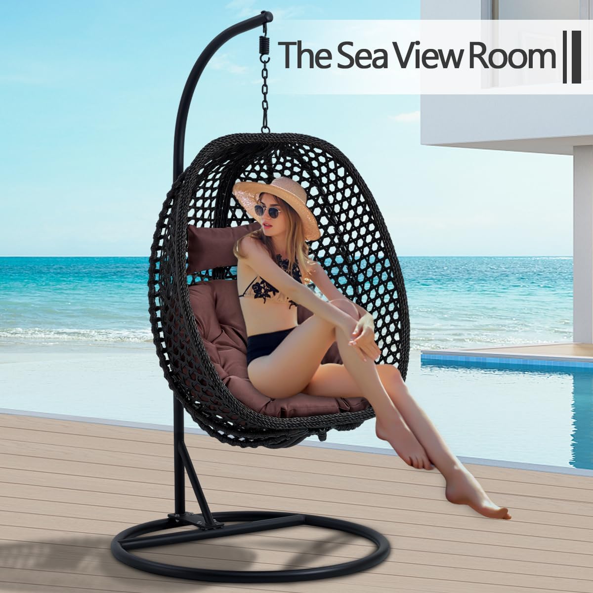 JUFU Egg Swing Chair with Stand,Hanging Egg Chair Indoor Outdoor,Hammock Hanging Basket Chair with Aluminum Steel Frame，Patio Egg Chair with Removable Cushions for Patio Balcony Backyard,Bedrooms