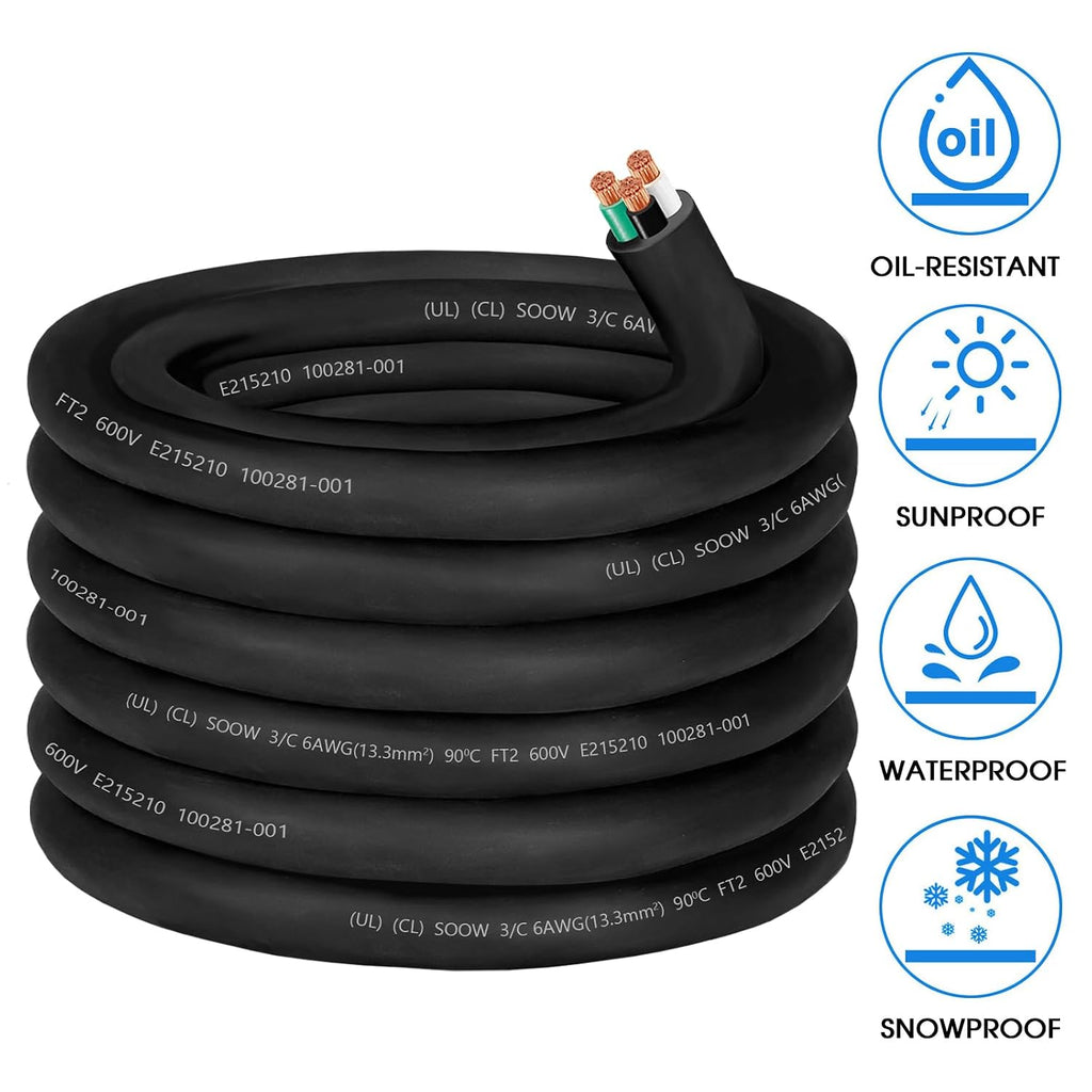 25ft 6 Gauge Wire 6/3 SOOW Cable,Total 3 Conductor 6 Gauge Electric Portable Power Cord with UL, 600V 50A SOOW Bulk Cable for Industrial-Generator,Welder,EV Battery Charger,Motor Lead,Outer Dia 26mm