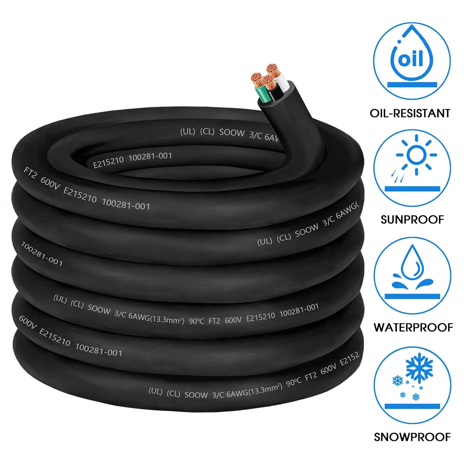 25ft 6 Gauge Wire 6/3 SOOW Cable,Total 3 Conductor 6 Gauge Electric Portable Power Cord with UL, 600V 50A SOOW Bulk Cable for Industrial-Generator,Welder,EV Battery Charger,Motor Lead,Outer Dia 26mm