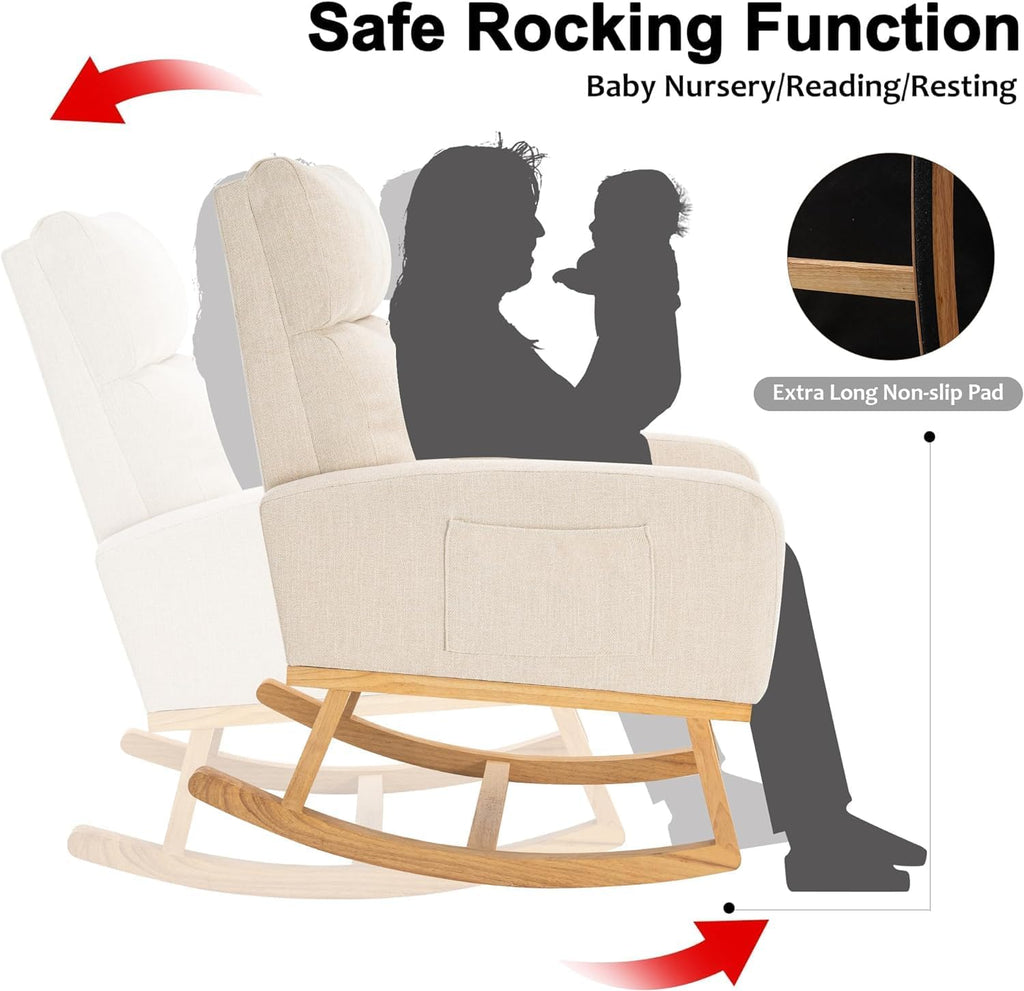 Rocking Chair Nursery, Upholstered Nursing Rocker Chair for Mom with High Backrest and Side Pockets for Bedroom Living Room, Beige