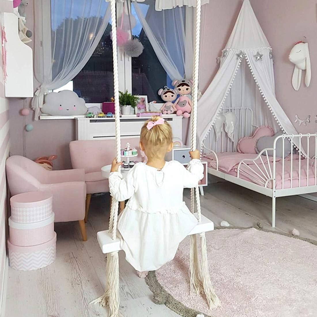 Indoor Swing Chair Hanging Swings Set for Kids, Wooden Rocking Chair with Cushion, Children's Room Furniture for Decoration, Children's Toys,Pink