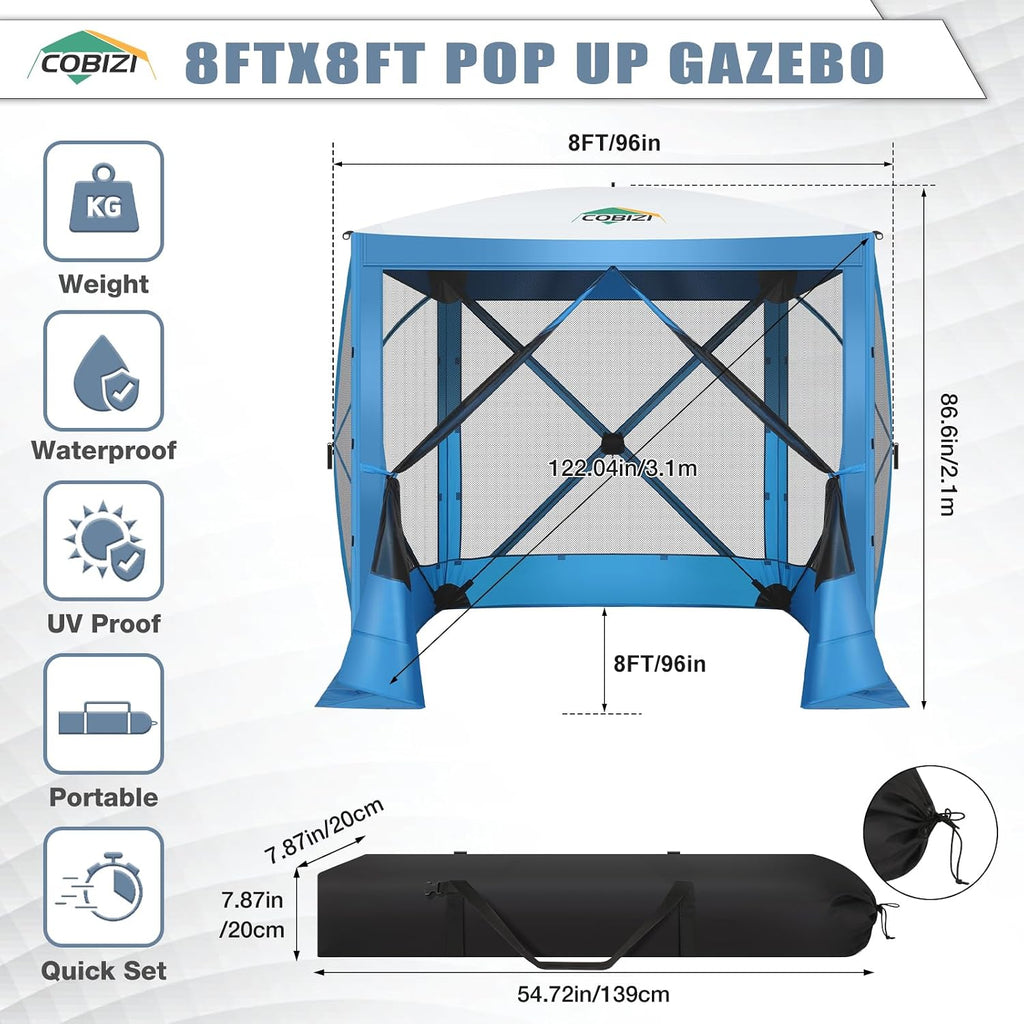 COBIZI Pop Up Gazebo Screen Tent Screen House for Camping, 8FTx8FT Screen Room with Mosquito Netting, Hub Tent Instant Screened Canopy with Carrying Bag and Ground Stakes, Blue
