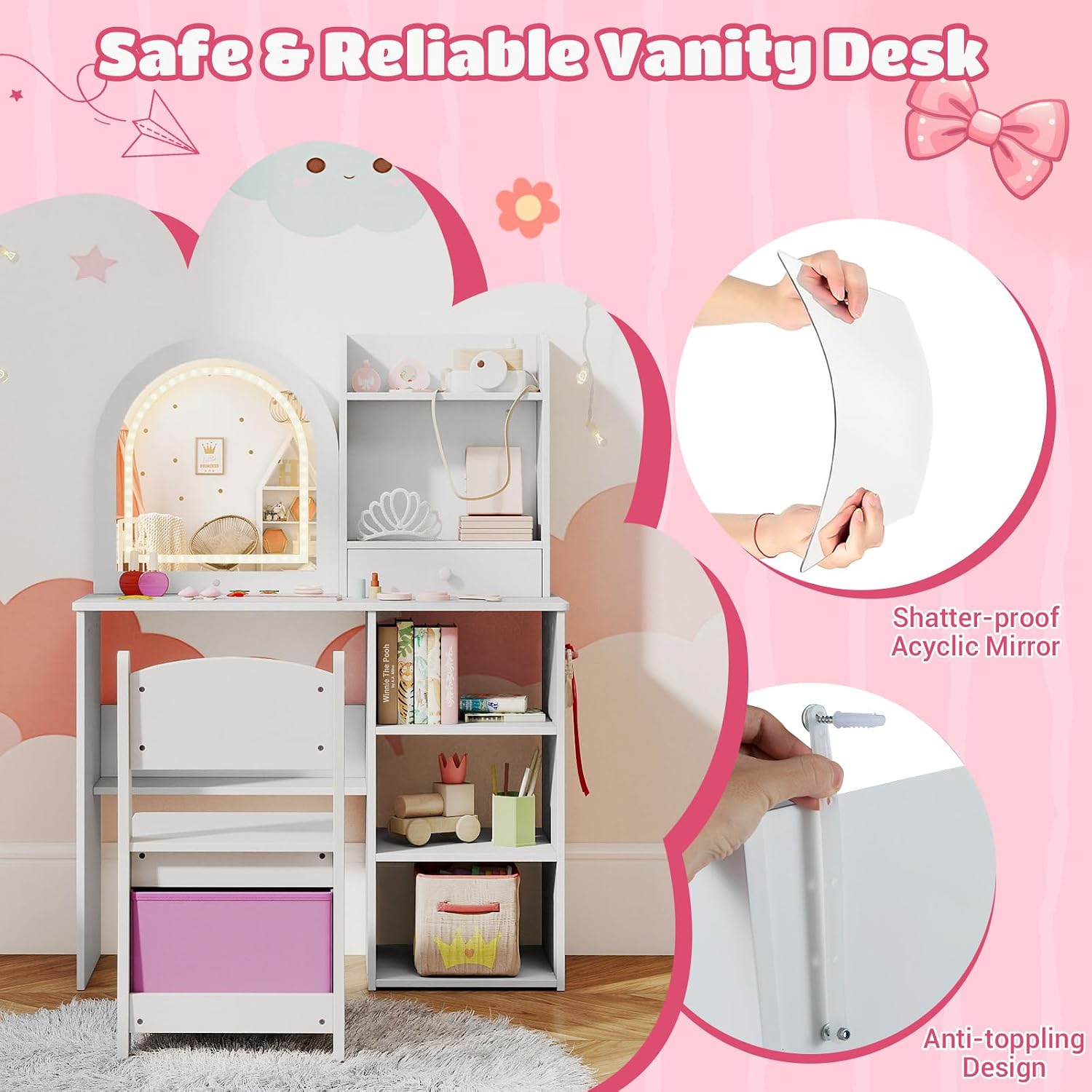 Costzon Kids Vanity with Lights, Girls Vanity Set with Mirror, Storage Drawer, Hooks & Shelves, Toddler Makeup Vanity Desk Dressing Table, Wooden Kids Vanity Table and Chair Set (White)