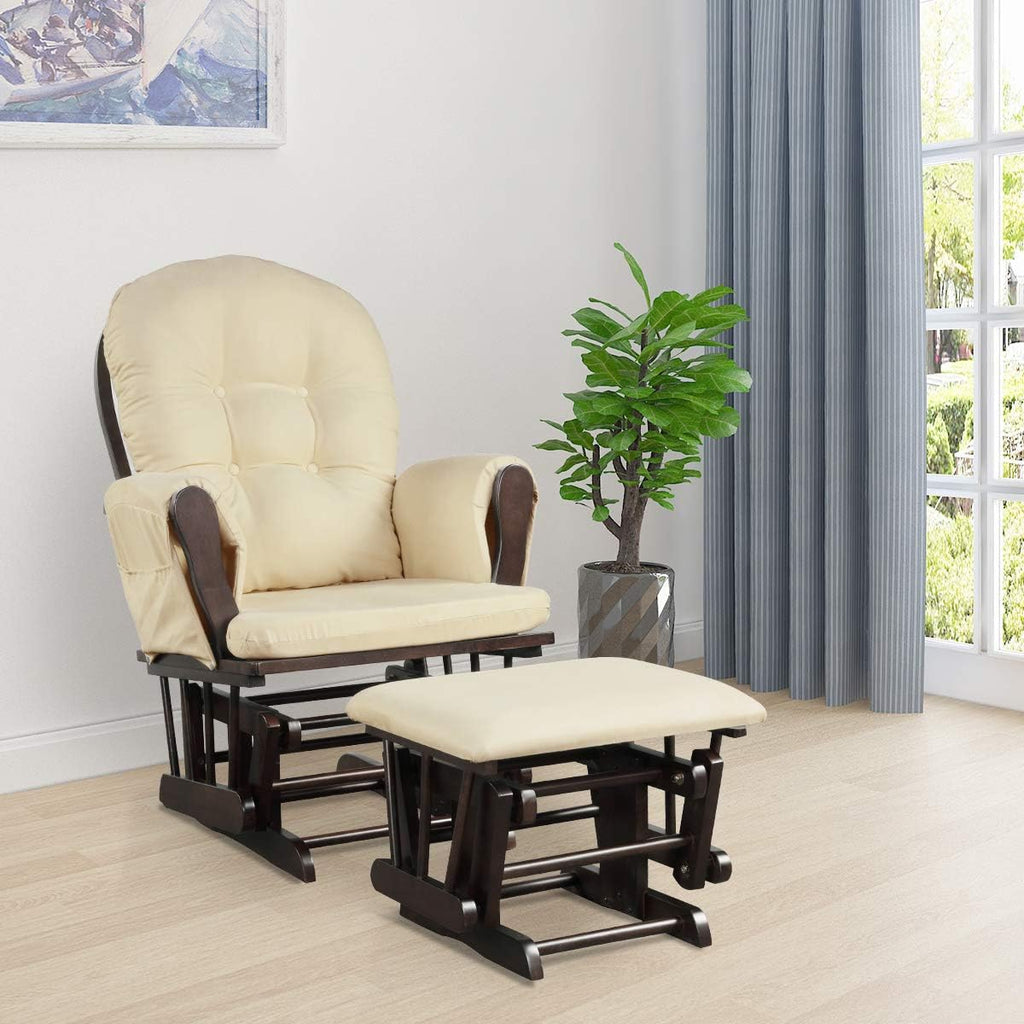 Costzon Nursery Glider with Ottoman, Upholstered Comfort Glider Rocker with Padded Cushion, Storage Pocket, Solid Wood Base, Rocking Chair Nursery for Breastfeeding, Napping (Beige)