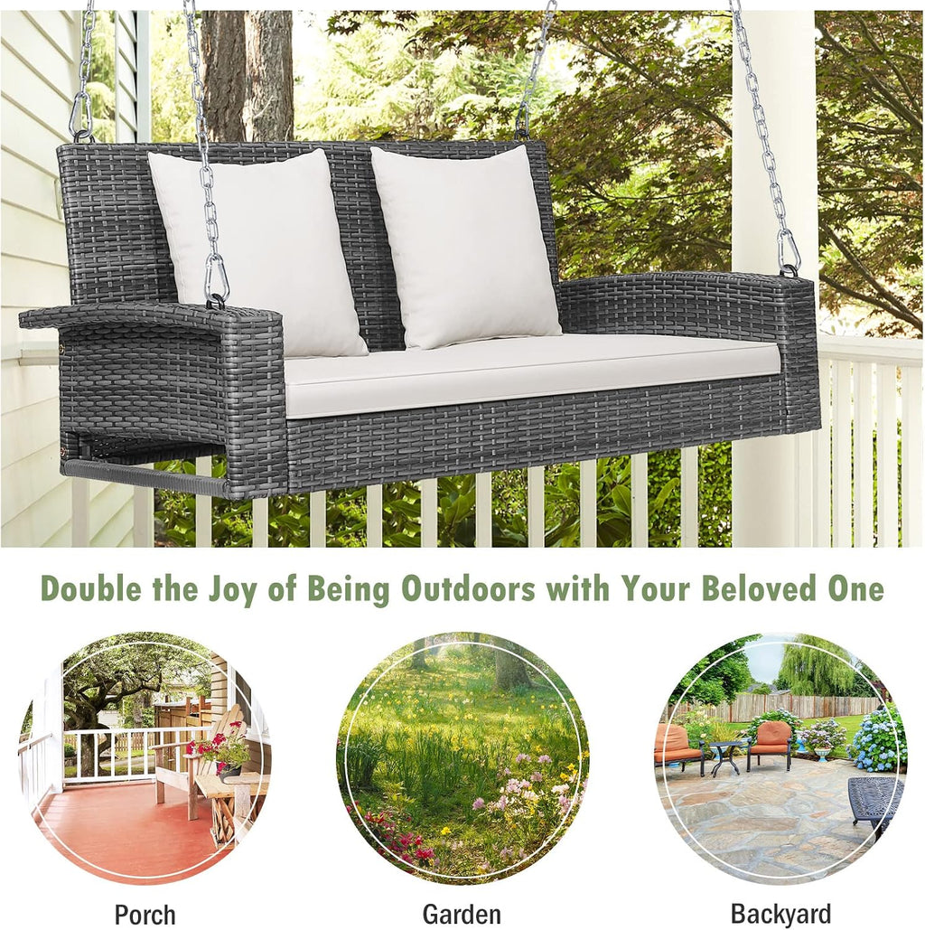 Tangkula 2 Person Wicker Hanging Porch Swing, Patiojoy Outdoor Rattan Swing with Soft Cushions and 2 Rustproof Steel Chains, 800 LBS Patio Swing Bench for Balcony, Garden and Yard