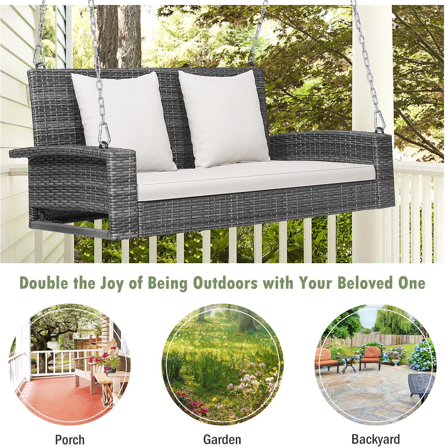 Tangkula 2 Person Wicker Hanging Porch Swing, Patiojoy Outdoor Rattan Swing with Soft Cushions and 2 Rustproof Steel Chains, 800 LBS Patio Swing Bench for Balcony, Garden and Yard
