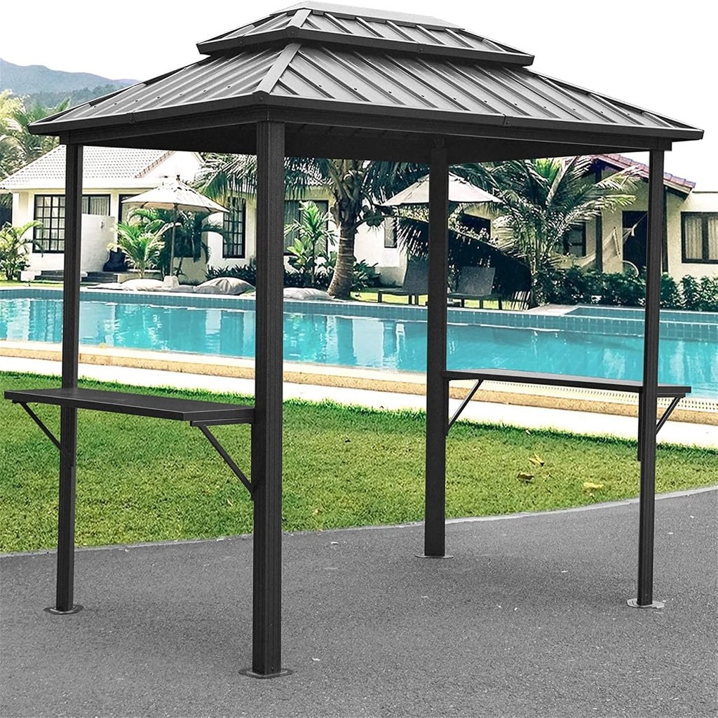 8' x 6' Hardtop Grill Gazebo, Aluminum BBQ Shelter with Double Steel Roof & 2 Shelves, Outdoor Metal Gazebo for Patio, Lawn, Deck, Backyard, Grey