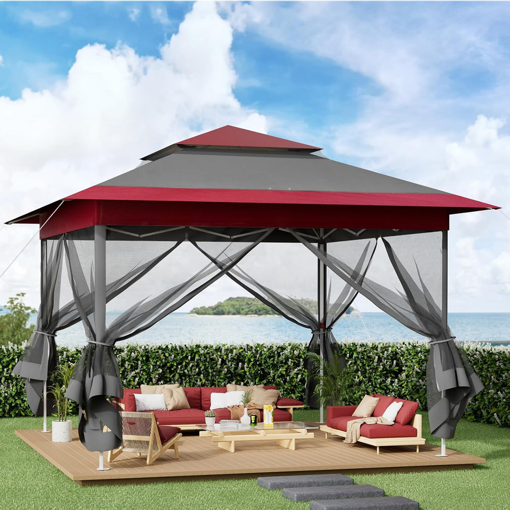Arlopu Pop Up Gazebo Tent, Outdoor Instant Canopy, Easy Set-up Folding Shelter with Netting, Metal Frame, Screened House Shade Vented for Patio, Lawn, Party, Backyard, Garden (Burgundy, 13FT×13FT)