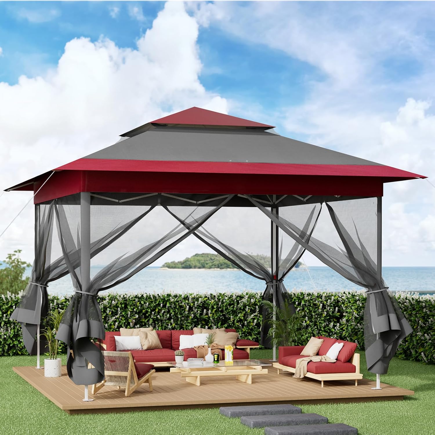 Arlopu Pop Up Gazebo Tent, Outdoor Instant Canopy, Easy Set-up Folding Shelter with Netting, Metal Frame, Screened House Shade Vented for Patio, Lawn, Party, Backyard, Garden (Burgundy, 13FT×13FT)