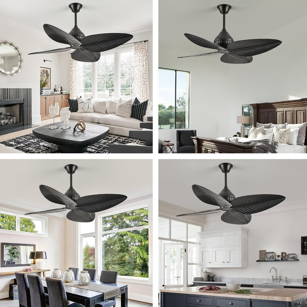 52' Black Tropical Ceiling Fans, Flush Mount Palm Leaf Ceiling Fan no Light, Indoor Ceiling Fans Without Light for Living Room Bedroom Kitchen Covered Gazebo, APP and Remote Control