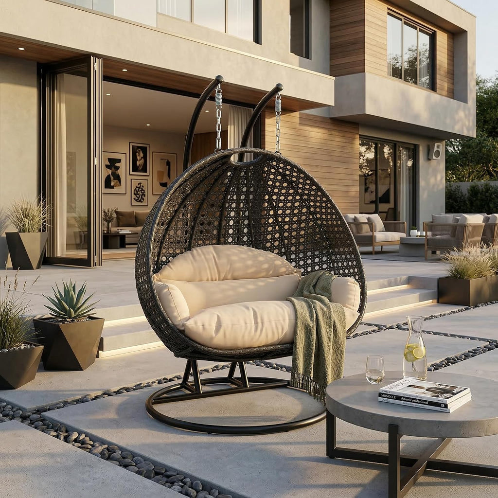 LeisureMod 2-Person Hanging Egg Chair with Stand, Dark Grey Cushions, Indoor Outdoor Wicker Patio Swing, Lounge Hammock Seat for Bedroom, Garden, Porch, Heavy-Duty Steel Frame (Cream)