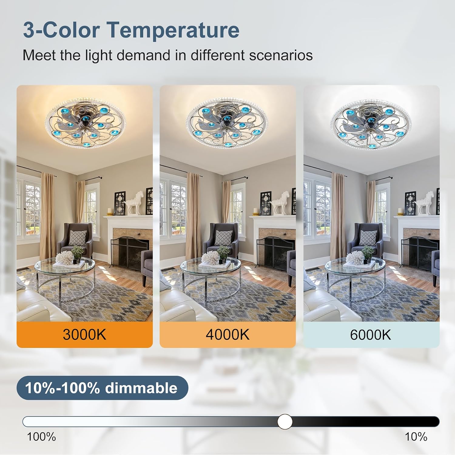 Low Profile Ceiling Fan with Lights 20' Remote Bladeless Ceiling Fan Boho Vintage Flush Mount Ceiling Fans with Light 3 Color Smart LED Dimmable,Handmade Antique Vintage Blue Crystal