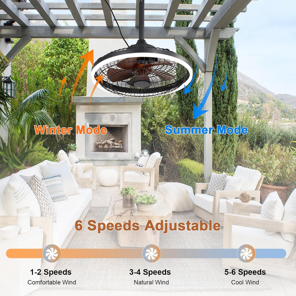 20' Waterproof Outdoor Ceiling Fan with Light Black Caged Gazebo Fans Outdoor Hanging for Patios Pergola Porch Gazebo, with Plug-in Cord, Dimmable LED Light, APP Remote Control, 6 Speeds
